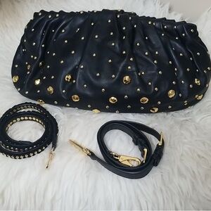 Diane Von Furstenberg Black and Gold Studded Women's Clutch. Lambskin leather.